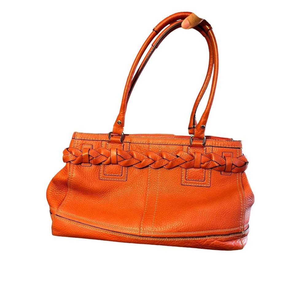 Orange Leather Tote Shoulder Bag with Braided Detail - Picture 2 of 7